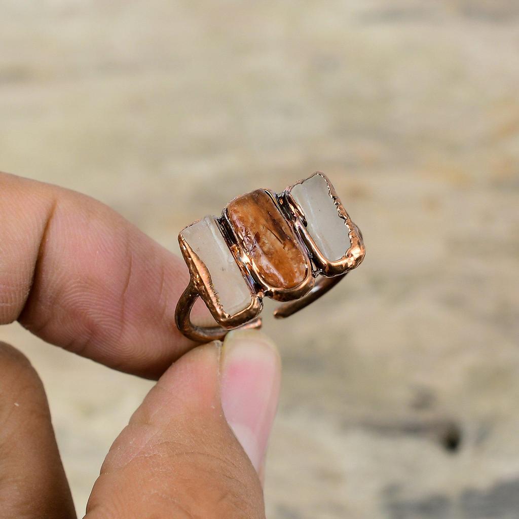 Carnelian Rough Ring Electroformed Copper Ring Adjustable Ring Tourmaline Rough Ring Handmade Copper Jewelry Gift For Mom Gemstone Jewelry