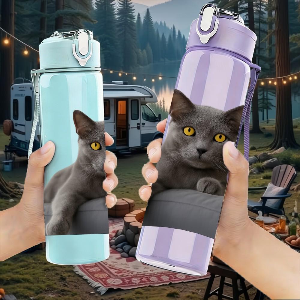 1PC Gray Cat Sitting By Window 750ml Color Plastic Sports Water Bottle Leakproof Flip Straw Lid Suitable for Sports Office Home Use