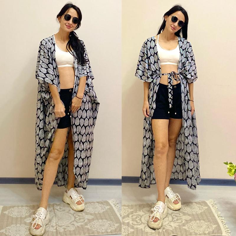 2022 Bikini Cover-ups Black Retro Striped Self Belted Plus Size WomenSummer Kimono Dress Beach Wear Swim Suit Cover Up Q1225