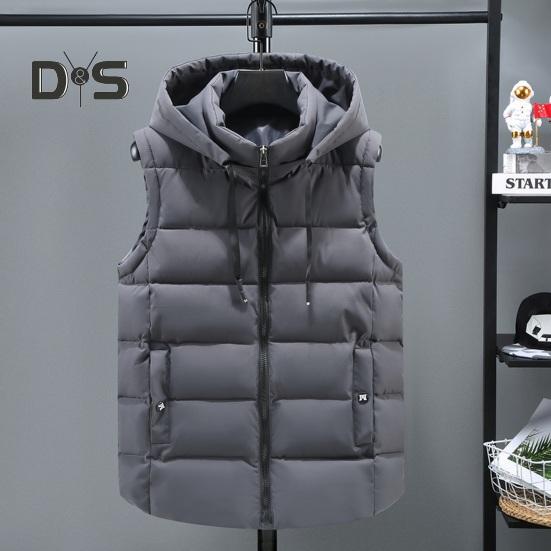 

Унисекс хлопковый жилет с капюшоном, воротником-стойкой, завязками на шнурке, без рукавов, застежкой-молнией, жилет с карманами, однотонный утепленный жилет, куртка L чёрный