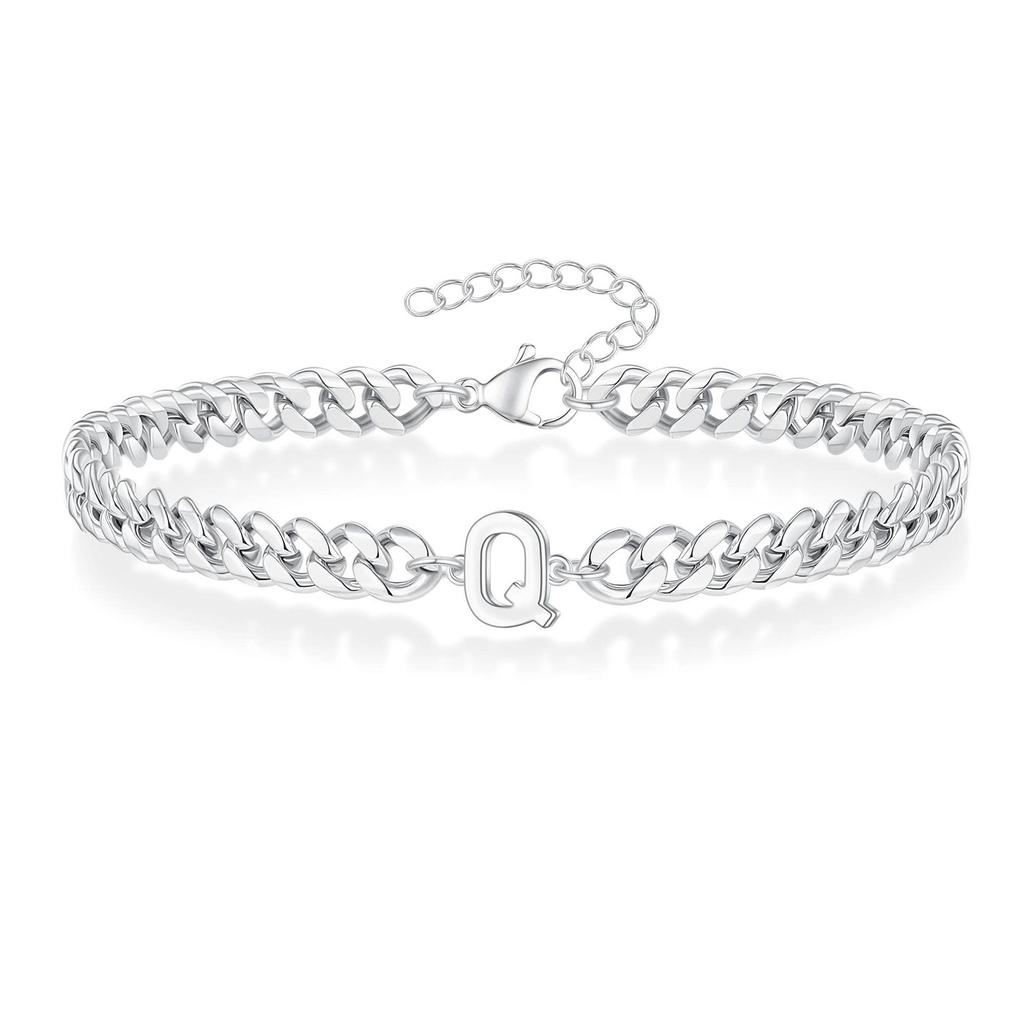 Vnox A-Z Iniziale Braccialetti a Catena Cubana per Uomo Donna, Acciaio Inossidabile Colore Argento Maglie Ovali, Braccialetto con Ciondolo Lettera Nome Regalo