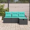 4 Piece Sofa Set with Cushions in Black and Turquoise Poly Rattan