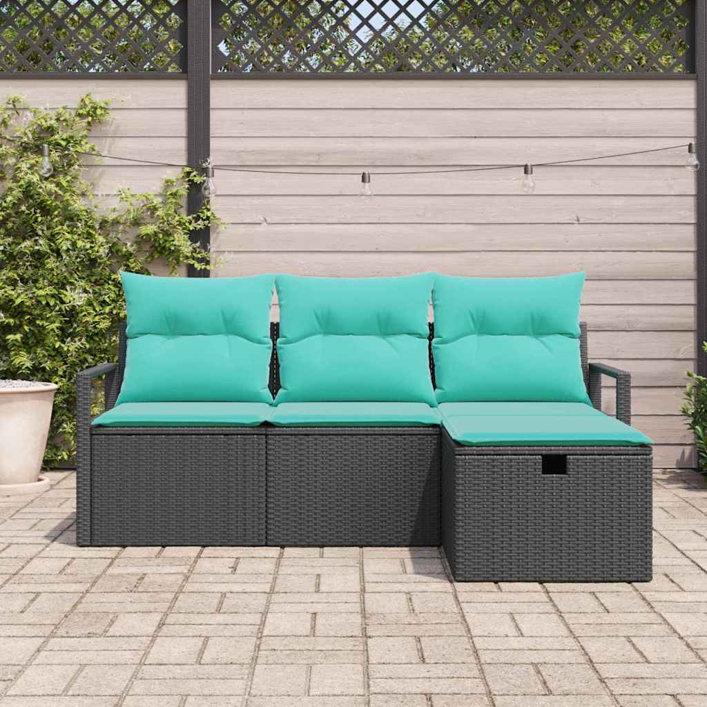 4 Piece Sofa Set with Cushions in Black and Turquoise Poly Rattan