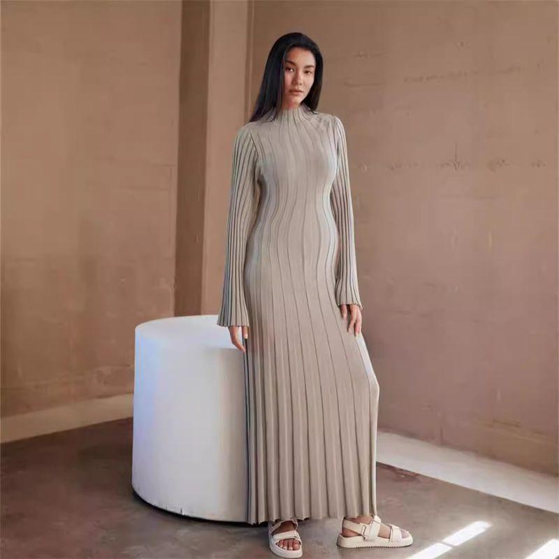 

Knitting Dress Knitted dress Casual Waist Hugging round Neck Big Pit Bar Turtleneck Slimming Knitted Long dress Women Gray M