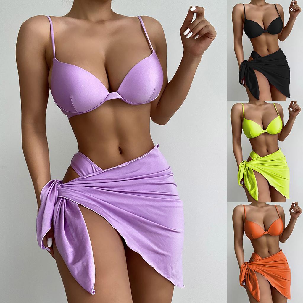 Fashion Women Sexy Solid Color Split Bikini Casual Three Piece Swimsuit Suit