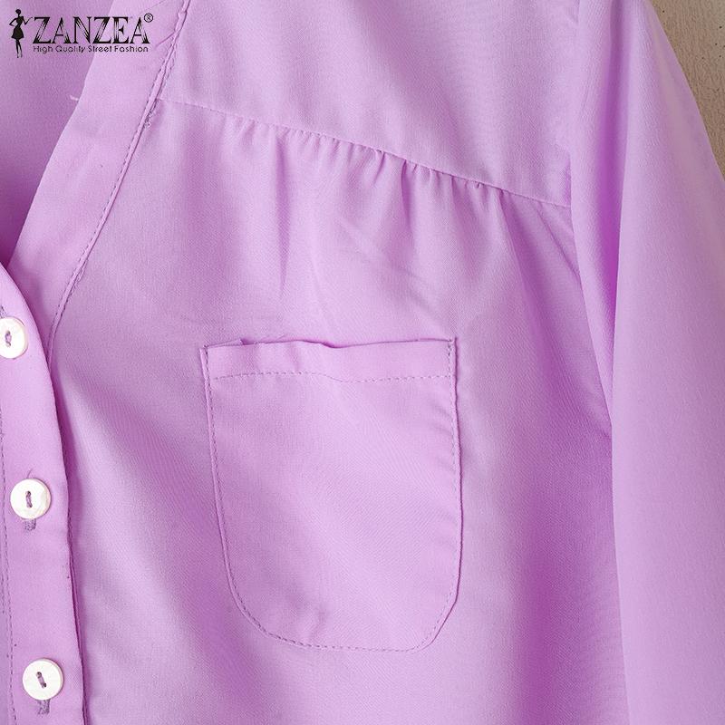ZANZEA Women Casual V-Neck Solid Color Loose 3/4 Sleeve Blouse