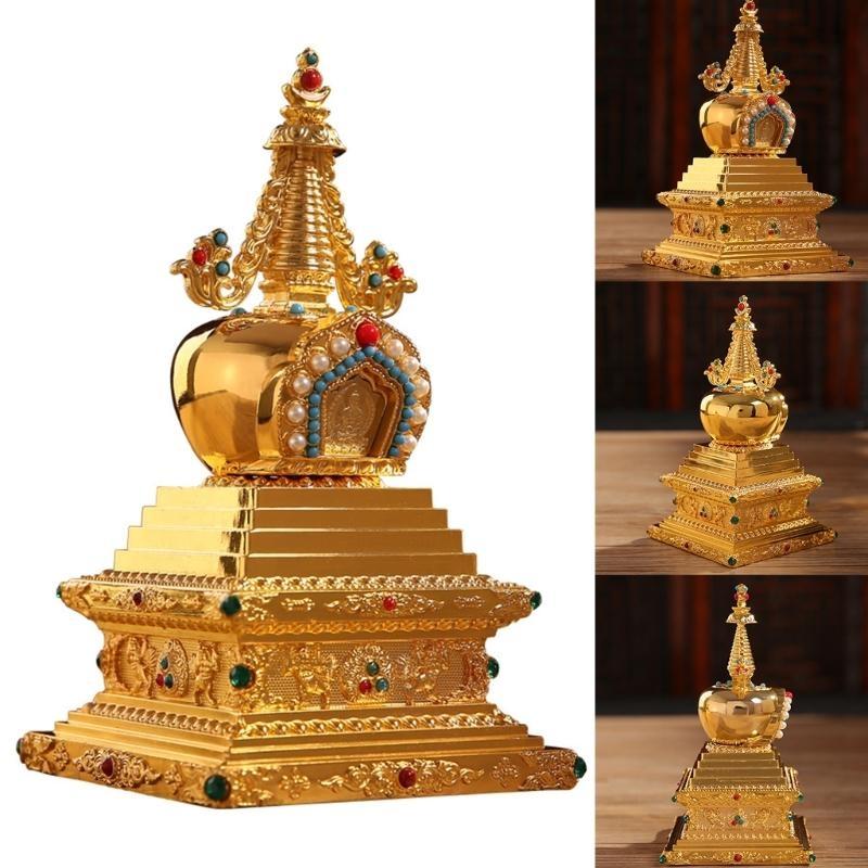 Traditional Tibetan Stupa Decoration with Pearls Relics Metal Buddhas Pagoda Statue for Meditations and Spiritual Decors