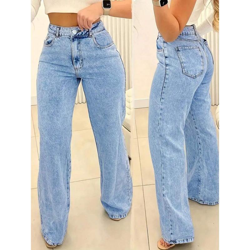 Jeans Anchos de Talle Alto para Mujer Talla Grande Ajustados Pierna Recta Vaqueros Retro para Mujer
