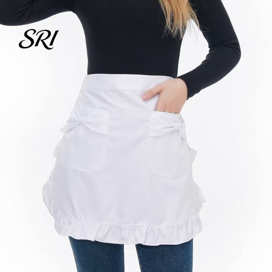 Vintage Kitchen Apron Half with Butterfly Bow & Pockets Lace Hem Waist for Lightweight Coffee Shop Bistro Adjustable Ties Cafe Server Waitress