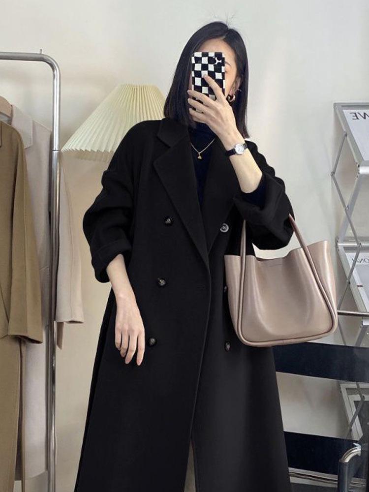 2025 Autumn/Winter Women's Wool Loose Double-Breasted Black Mid-Length Coat, Korean Style.