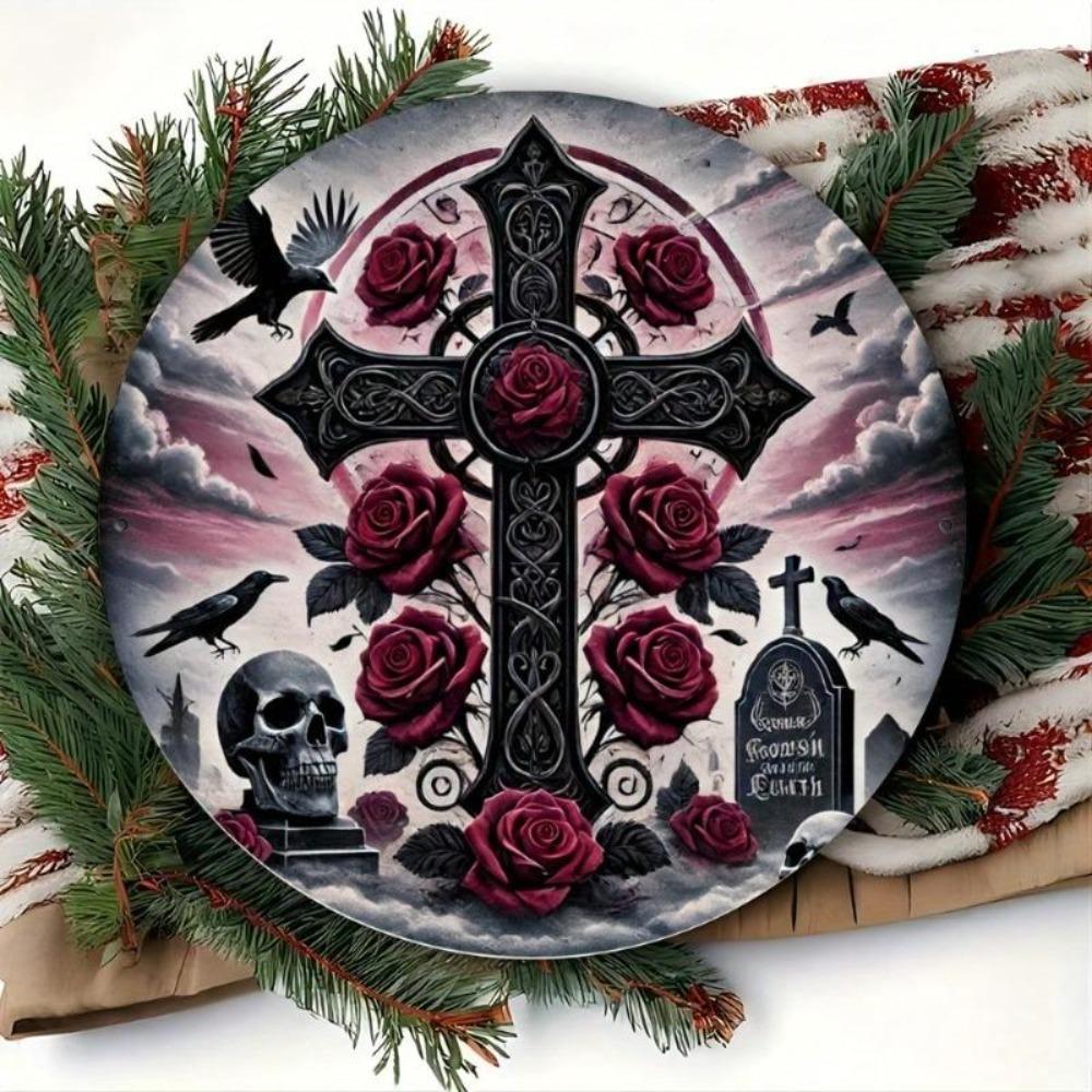 Vintage Gothic Metal Wall Art Tin Sign Halloween Skull Cemetery Decor