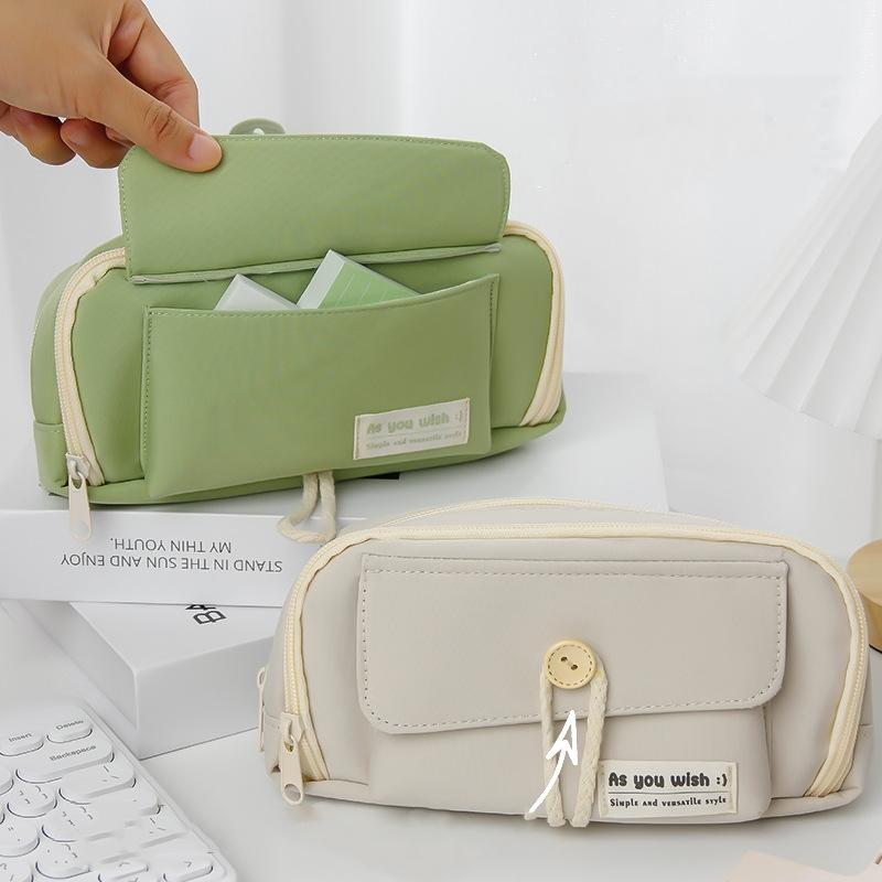 Hemp Rope Pencil Case Pen Bag 3 Compartments Front Pocket Oxford Fabric Storage Pouch for Stationery School