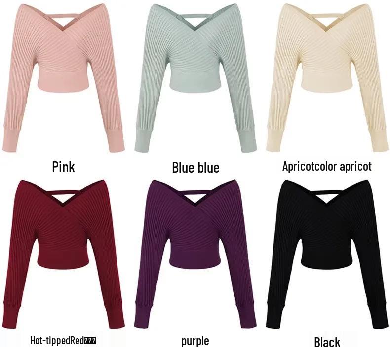 Women's One-Shoulder Long Sleeve V-Neck Waist-Cinching Knit Sweater - Slimming Ribbed Off-the-Shoulder Top