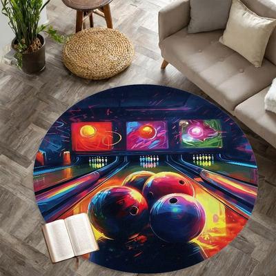 Bowling Alley Scene Round Rug Colorful Retro Design Flannel Carpet for Game Room Bedroom Decorative Non Slip Washable Floor Mat