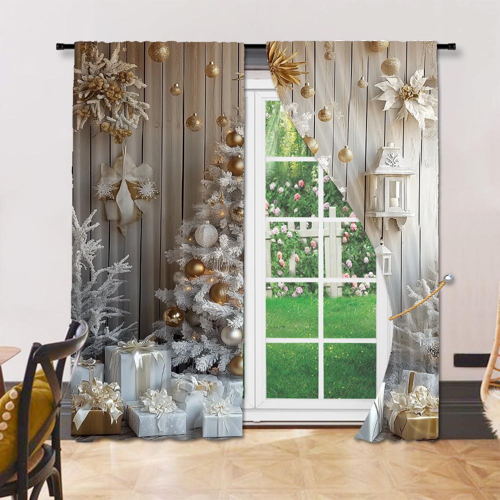 Set Of 2 Elegant Classic Christmas Tree Snowflake Print Curtains Polyester Rod Hole Drapes Various Room Curtain Washable