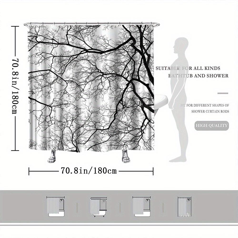 Elegant Minimalist Tree Silhouette Shower Curtain For A Modern Bathroom, Featuring A Bold Black-And-White Design Of Intricate