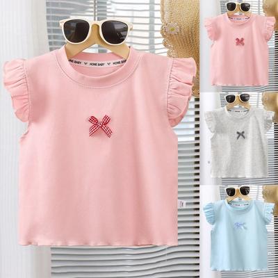 Toddler Flying Sleeve Top Summer Cotton Bow T-Shirts Casual Crewneck Vest Tops Basic Blouse Girls Clothes