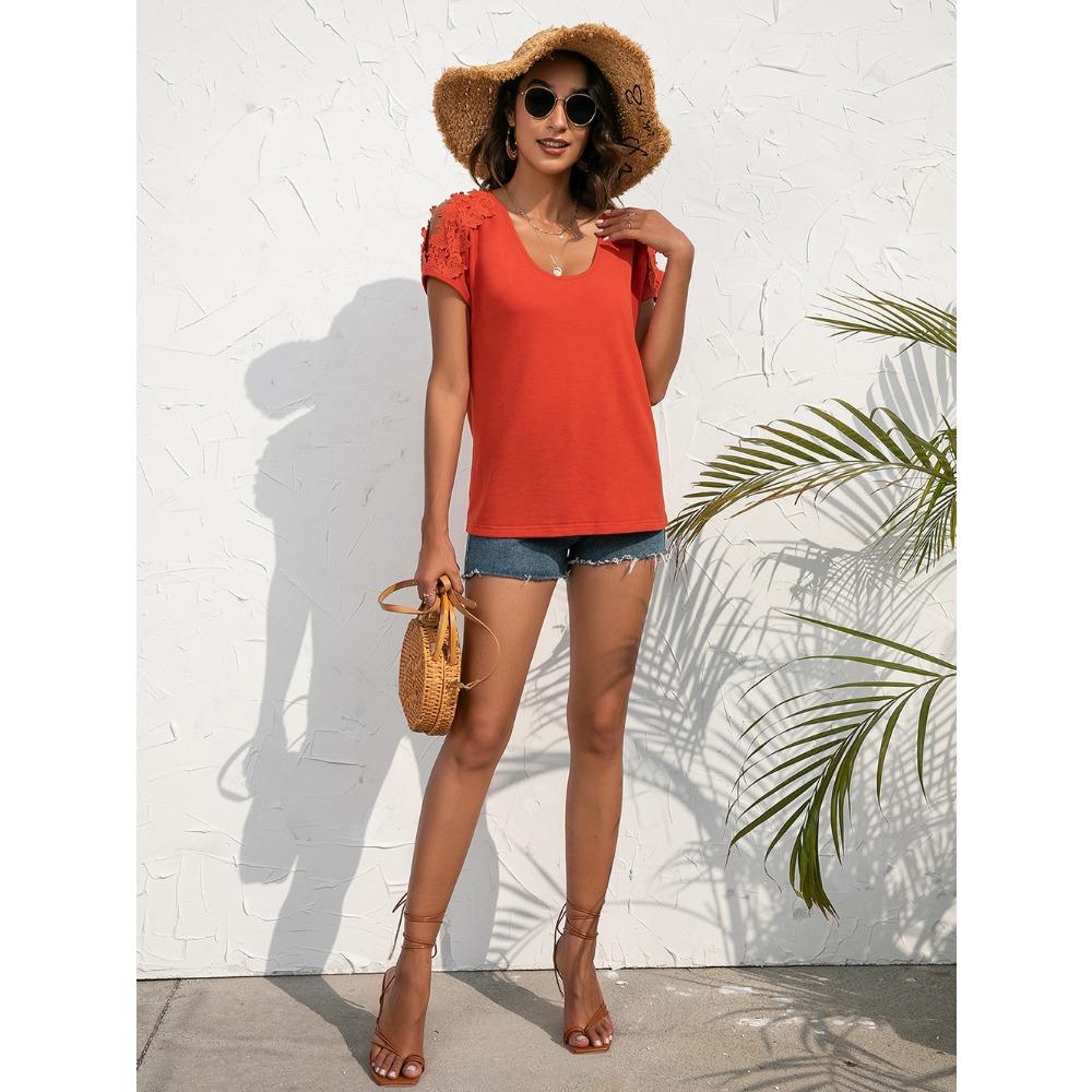 Women's Hollow-Out Lace Blouse, Deep Neck T-Shirt, Short Sleeve, Sexy Summer Top