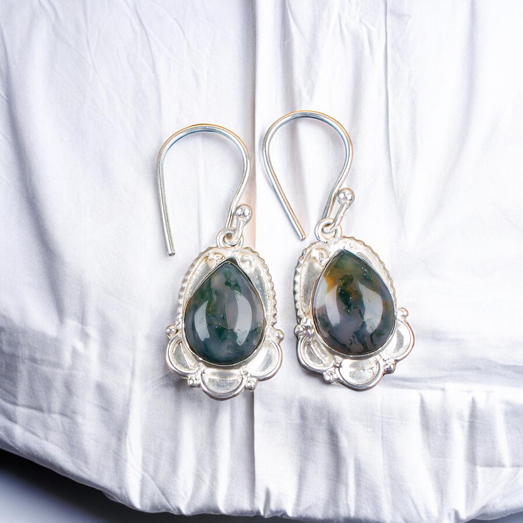 Authantic Moss Agate Gemstone 925 Sterling Silver Handmade Jewelry Earrings EE-41-28