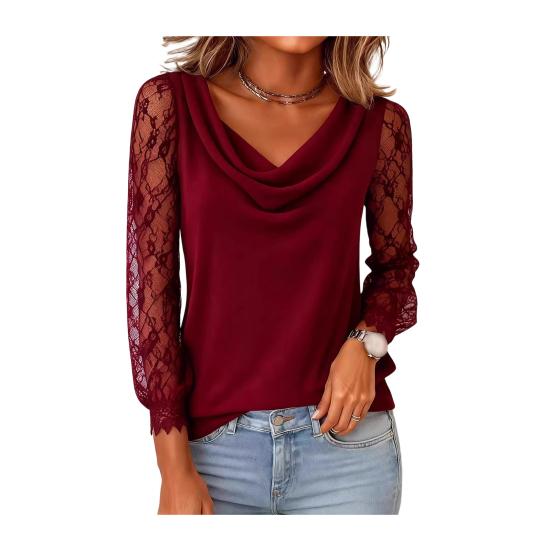

Женская футболка с воротником-качелями, кружевной вставкой, длинным рукавом, пуловер, однотонная, устойчивая к складкам, дышащая футболка XL темно-красного