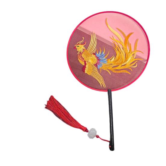 

Китайский вышитый круглый веер с павлинами, цветком панды, бамбука, винтажный ручной веер, двухсторонняя вышивка, дворцовый веер в старинном стиле с кисточкой J