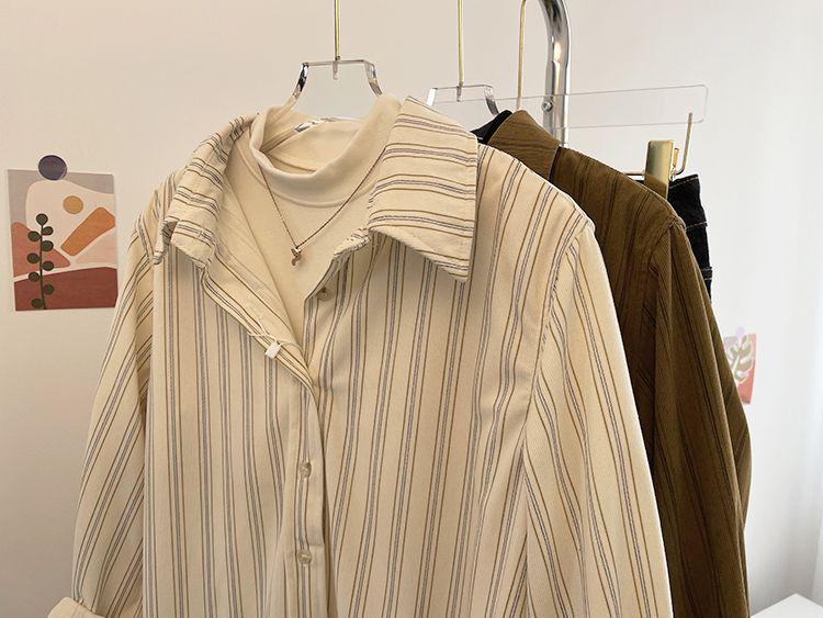 Damen Herbst Retro Kaffee Cord Pinstripe Kragen Langarm Lagenhemd