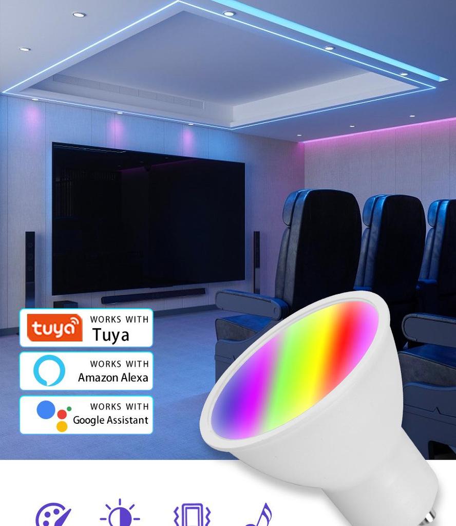 Tuya WiFi Smart GU10 RGBCW Dimmable Spotlight, Voice-Controlled with Alexa Compatibility.