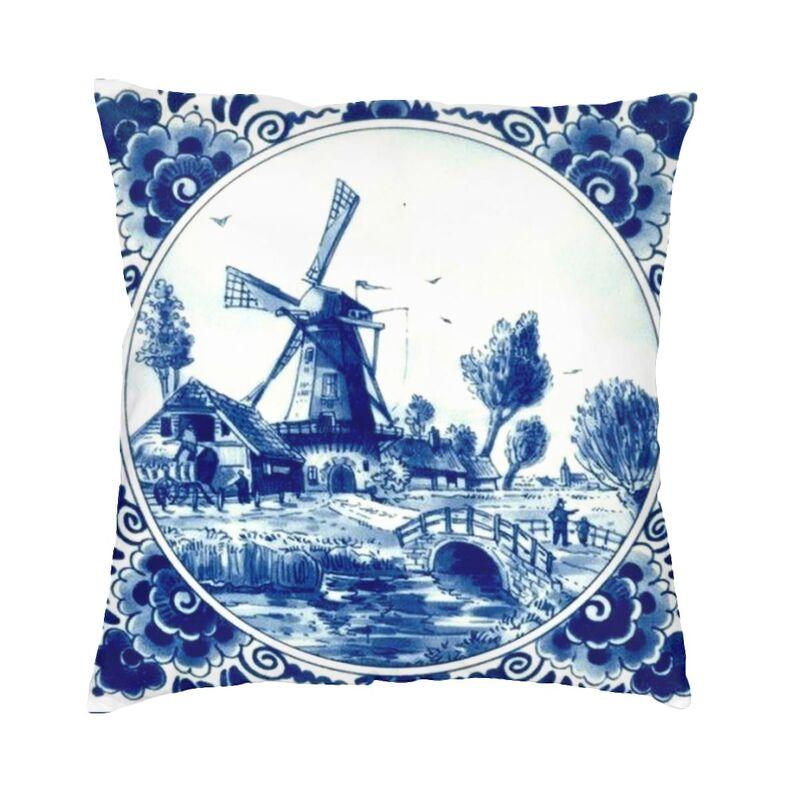 Dutch Blue Delft Cushion Cover 40X40Cm Vintage Windmill And Bridge Art Pillow Case For Sofa Square Pillowcase Home Decorative
