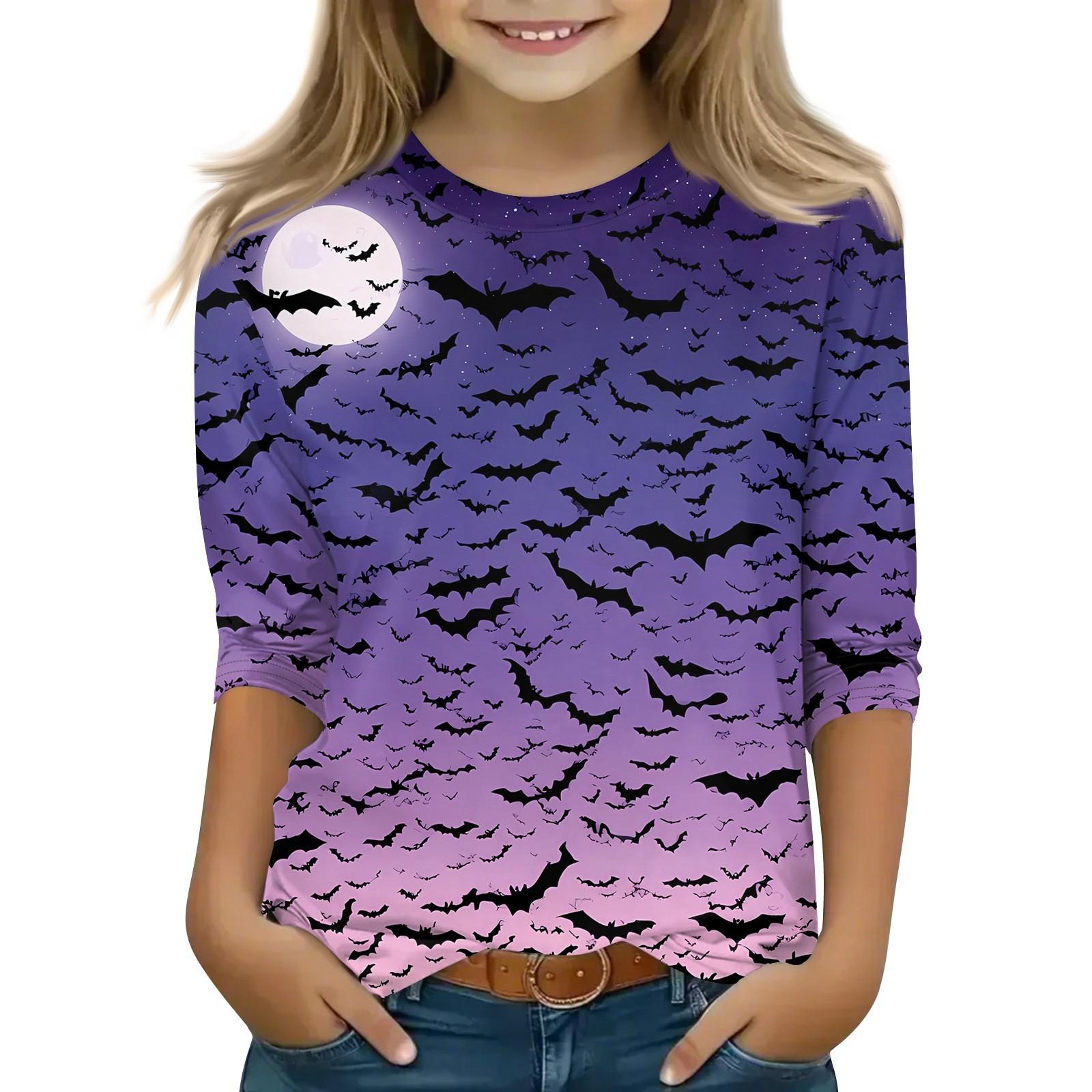 

Детские топы с рукавом 3/4, повседневная футболка с принтом на Хэллоуин, пуловер-блузка с круглым вырезом 140 фиолетовый