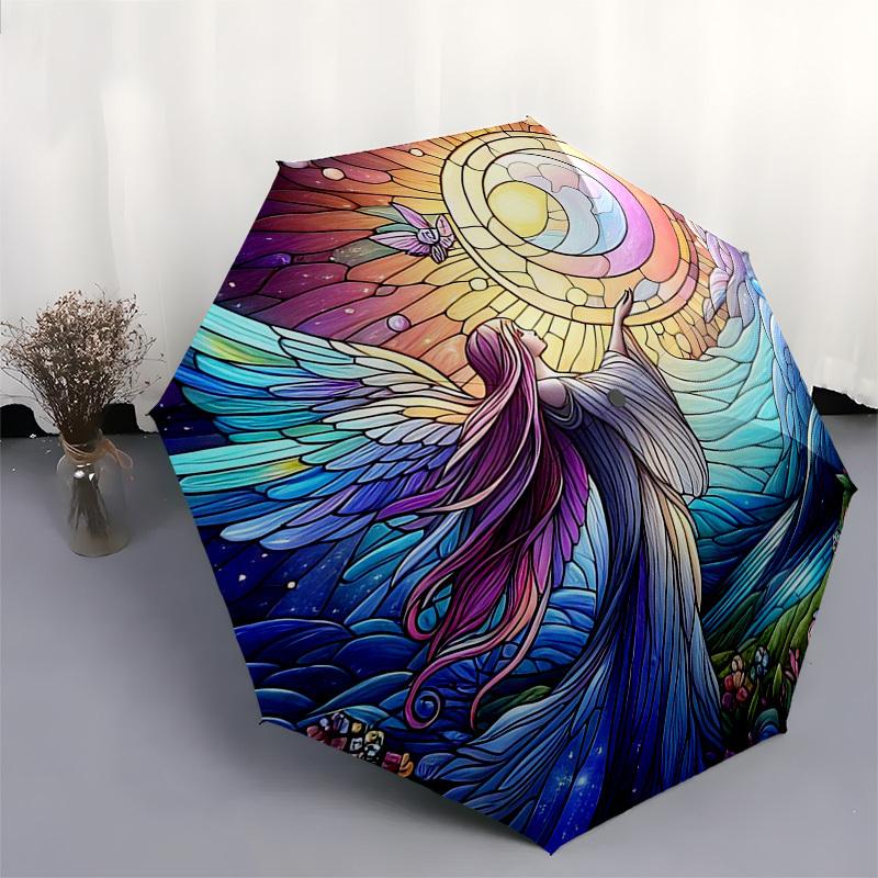 1pc Stained Glass Angel Design Automatic Opening Folding Umbrella with 8-Bone Iron Frame - Perfect for Outdoor Use, Festive Gifts, Travel, Daily Use,