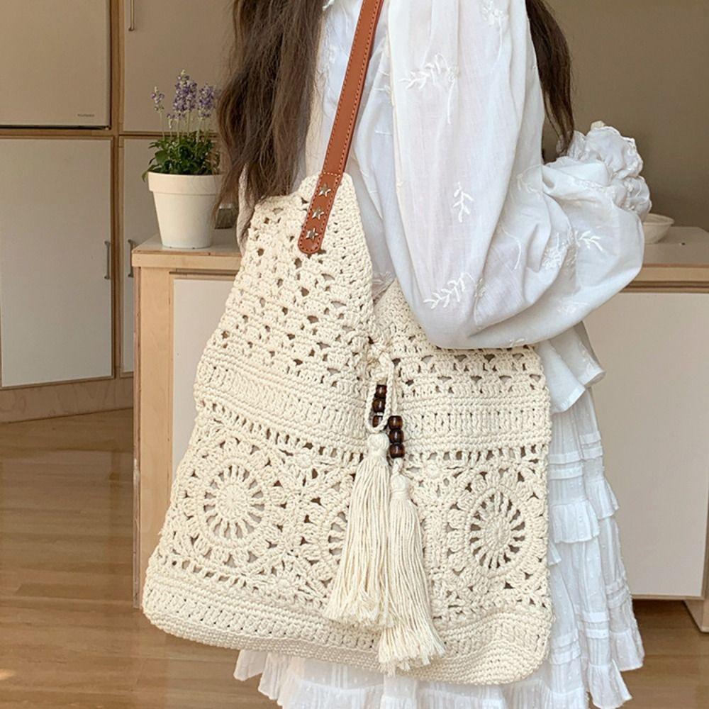 Spring Summer Vacation Crochet Weave Knitted Tote Bag Retro Hollow Out Cotton Thread Shoulder Bag Large Capacity Beach Handbag
