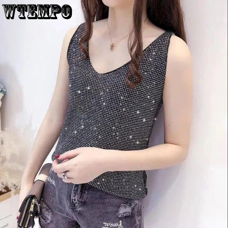 Summer Women's Ice Silk Diamond Camisole Loose Sleeveless V-neck Bottoming Shirt Tank Crop Tops