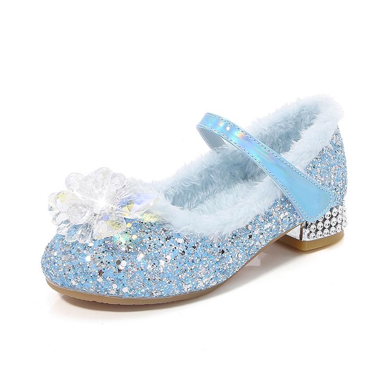 Blue Elsa Velvet Crystal High Heels for Girls - Winter Princess Shoes