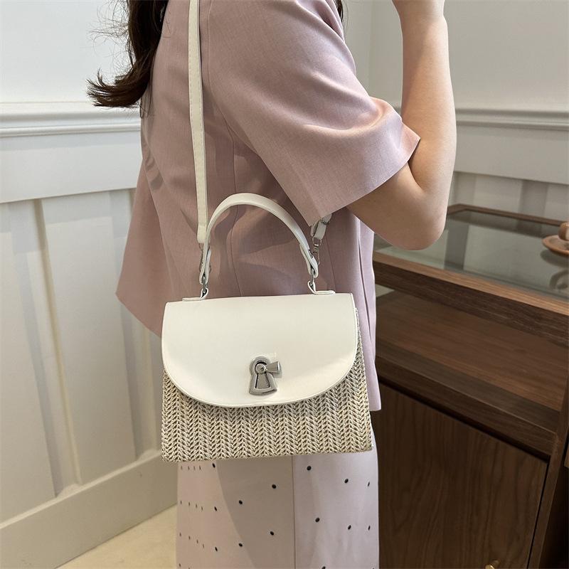 Woven Splicing Fashionable Personalized Lock 2025 Foreign Style Summer New Straw Crossbody Shoulder Portable Small Square Women's Bag