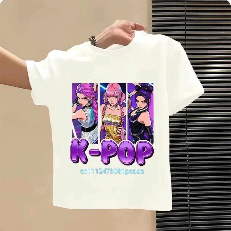 Summer Kpop Popular Cartoon Print Childrens Design Casual Harajuku Style Round Neck Short Sleeved Top Fans Gifts Kids Clothes