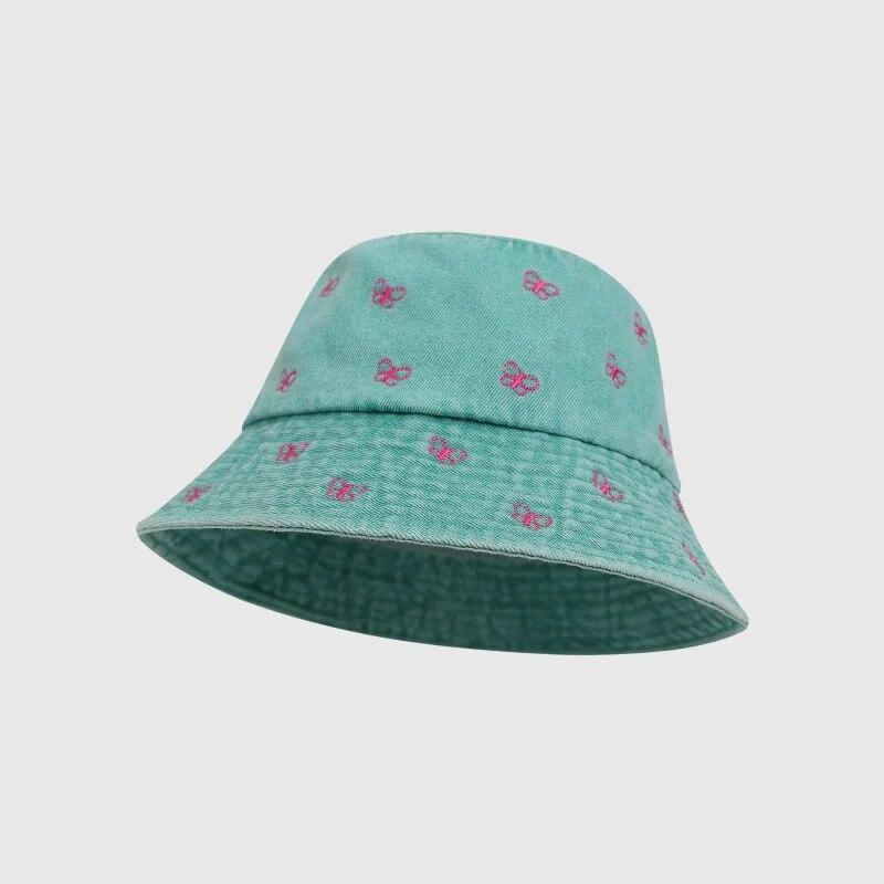 Korean Sweet Butterfly Embroidered Denim Fisherman Hat Women Wide Brim Show Face Small Spring Summer Sun Basin Bucket Hat
