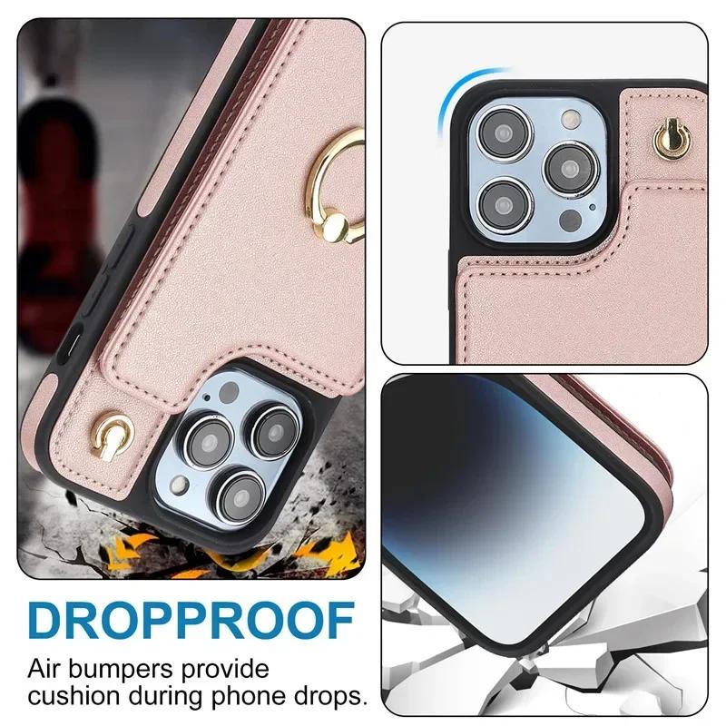 Ring Crossbody Leather Wallet Card Solt Phone Case for iPhone 16E 16 Pro Max 15 14 Plus 13 12 11 X SE 2022 Flip Purse Cover Bag