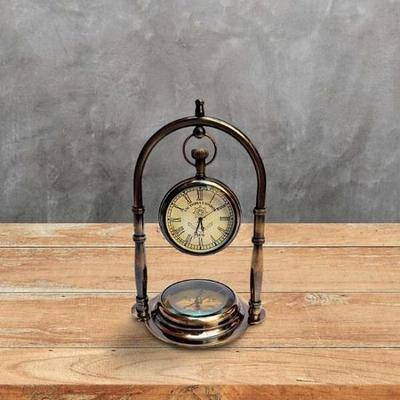 Nautische Uhr, Schiffs-Tischuhr, Schreibtischuhr, maritimer Messing-Kompass mit antiker Victoria London-Taschenuhr, Geschenk