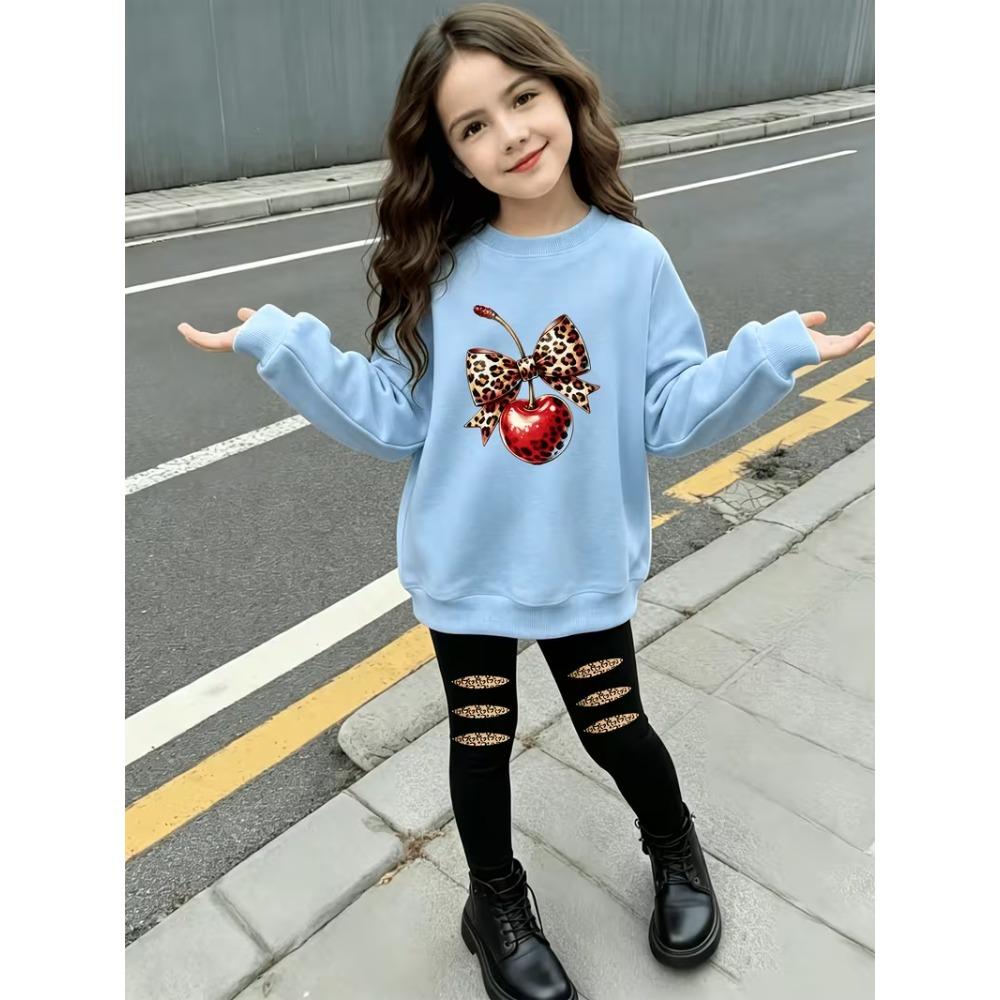 Girls' Leopard Cherry Casual Comfortable Soft Loose Pullover Sweatshirt and Leggings 2-Piece Set, New Autumn/Winter, Playful, Sweet and Cool Style
