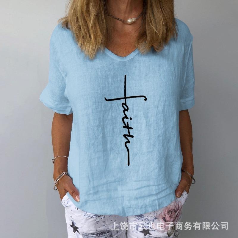 New Women's V-Neck Short Sleeve Loose Casual Pugongying T-Shirt