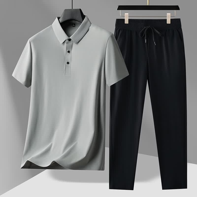 LangSha Men's Ice Silk Short Sleeve Polo Set
