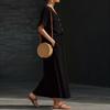 Women's Color Cotton Linen V-neck Short Sleeved Top And Skirt Two-piece Set