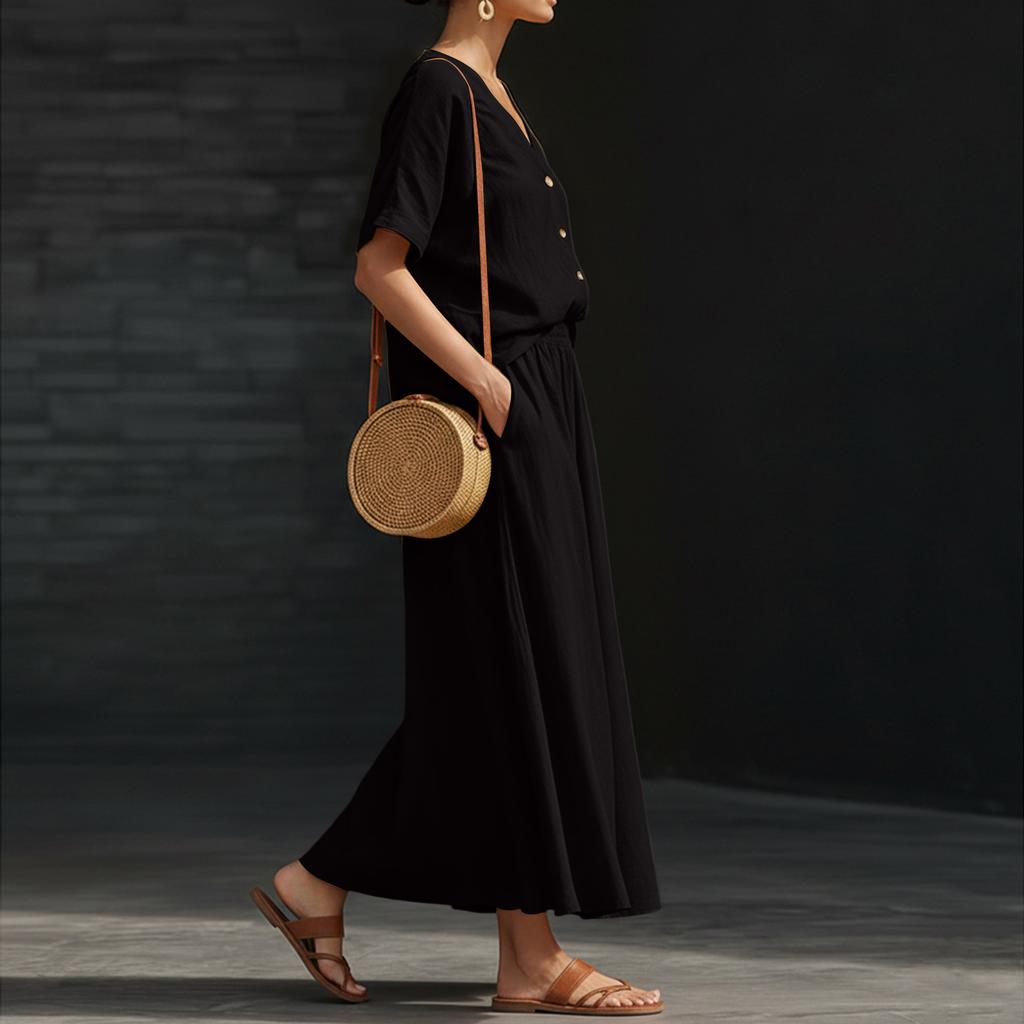 Women's Color Cotton Linen V-neck Short Sleeved Top And Skirt Two-piece Set
