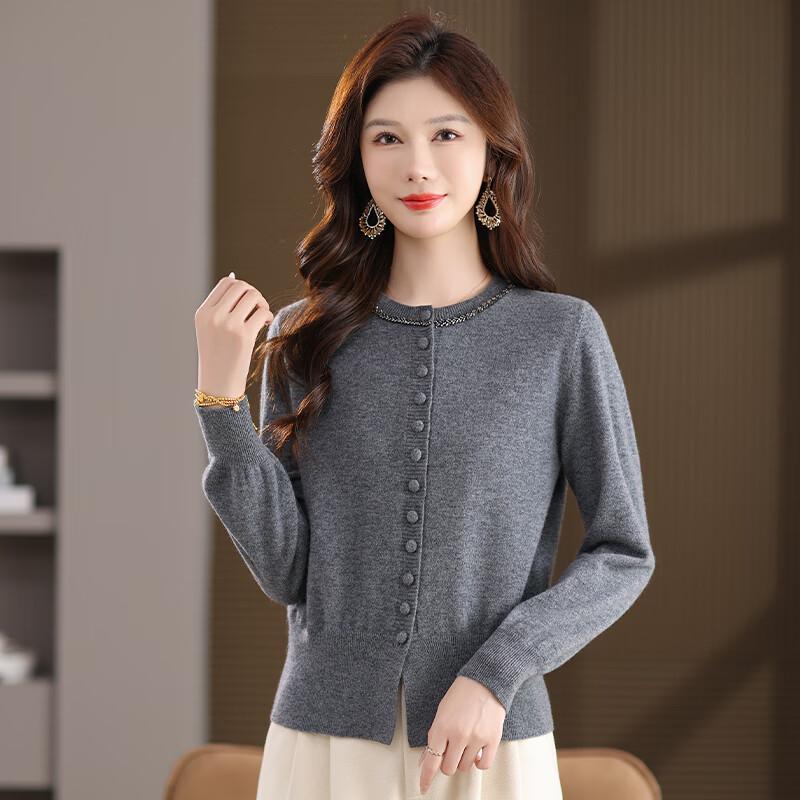 Women's 100% Pure Wool Round Neck Knitted Cardigan