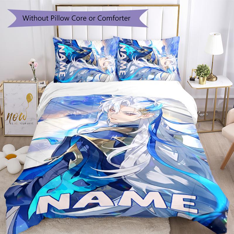 3pcs Custom Name Cartoon Genshin Impact Characters Bedding Set Duvet Cover Closure Includes 1 Duvet Cover & 2 Pillowcases for All Seasons Bedroom Deco