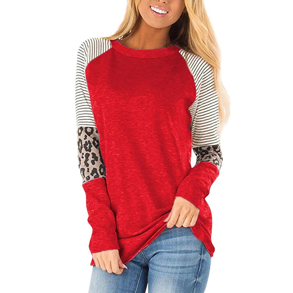 Women's And Winter Fashion Leopard Print Striped Round Neck Long Sleeve Top
