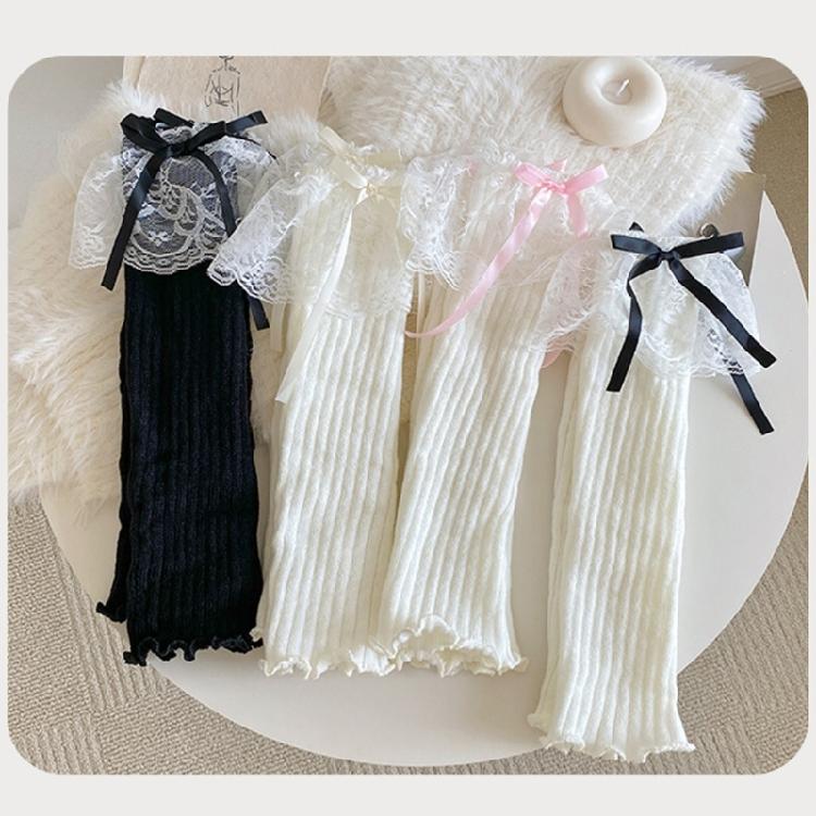 Women Aesthetic Ribbed Knit Stretch Leg Warmer Japanese Boot Cover Sweet Ruffled Lace Trim Bows Leg Sleeve Long Socks