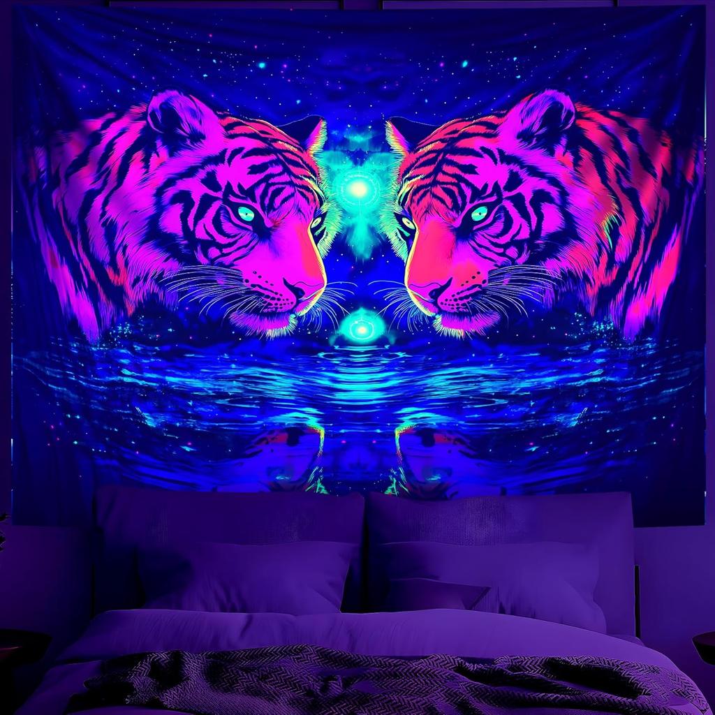 BVBOX Blacklight Animal Wolf Tapestry Iridescent Mountain Top Wolf Tapestry Glow In The Dark, UV Reactive Black Light U