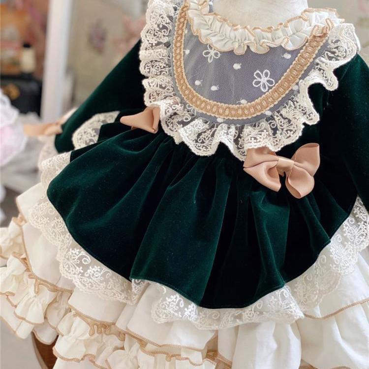 Vestido de Princesa Lolita de Renda de Veludo para Menina Bebê Criança Vintage Elegante Laço Tutu Vestido Natal Bebê