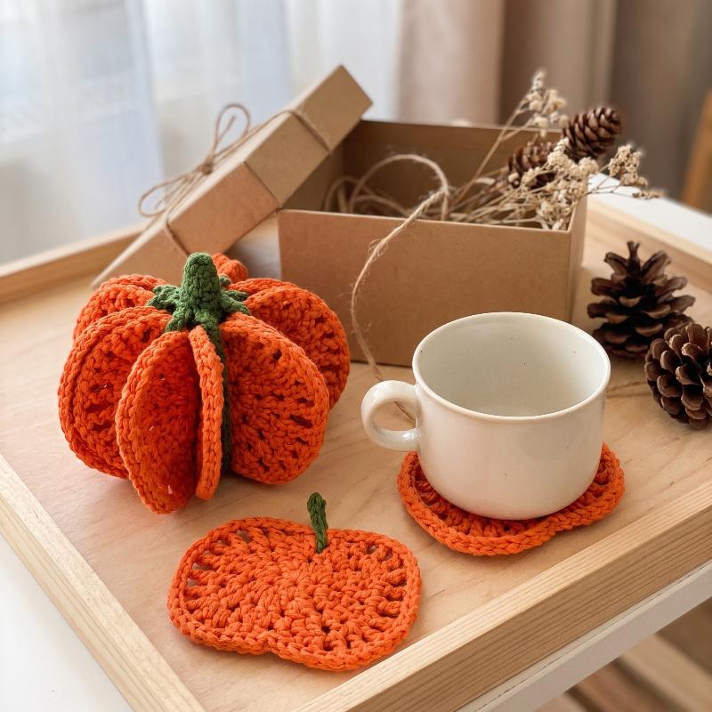 1/5/8 Piezas Posavasos de Calabaza Tejidos a Mano Resistentes al Calor Textura Suave Para Otoño Acción de Gracias Decoración del Hogar